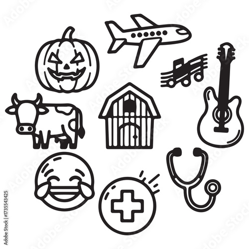 Diverse Black and White Line Art Icons Featuring Travel, Farm, Holiday, Music, and Medical Themes