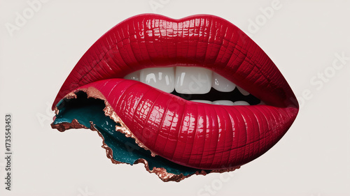 Sensual red lips biting into abstract art with gold trim