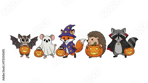Halloween Animal Friends: A charming array of woodland creatures dressed up for Halloween, each holding a carved pumpkin, radiating festive cheer and spooky fun in an engaging, colorful.