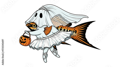 Spooky Fish in Costume: A whimsical illustration presents a creative fusion of a fish and a ghost, dressed up in a playful costume, with a jack-o'-lantern basket.  A delightful Halloween concept!