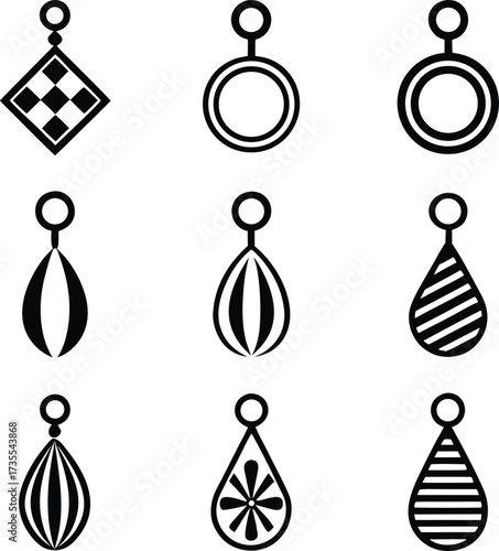 pendant, earring, jewelry, icon, set, glyph, pattern, abstract, geometric, modern, stylish, fashion, accessory, collection, decorative, ornamental, ethnic, tribal