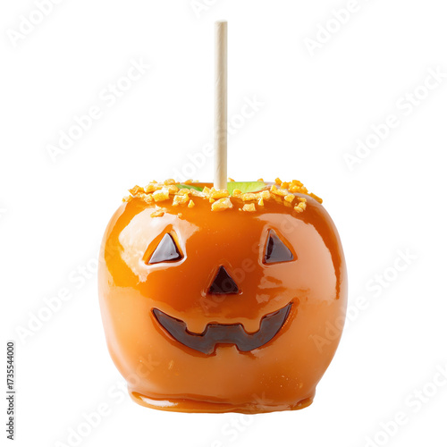 Halloween caramel apple treat with a playful pumpkin face design, isolated on transparent cutout background

