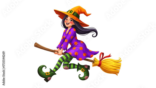 Whimsical Witch's Flight: A playful cartoon witch soars across the sky on a broom, celebrating Halloween and the magic of the season.