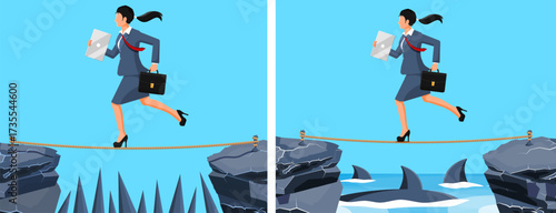 Woman running on tightrope while holding laptop and briefcase, navigating business risks and challenges. Flat vector illustration for problem solving concept.