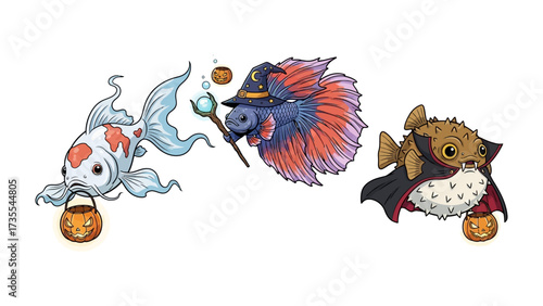 Halloween Fish Festivities: A whimsical illustration presents three charming aquatic creatures each adorned in festive Halloween costumes and clutching miniature pumpkin treat baskets.