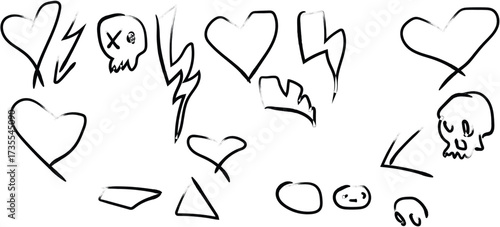 Hand drawn sketchy icons of hearts skulls lightning bolts and geometric shapes