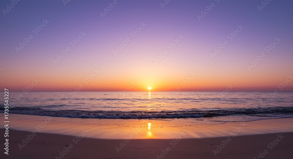 Naklejka premium Tranquil beach sunset calm ocean golden sunlight peaceful horizon scene
