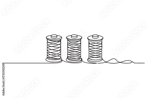 Spools of thread in one continuous line drawing vector illustration. one line Icon drawing with white background