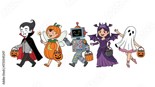 Halloween Costume Parade: A cheerful gathering of children dressed in an array of whimsical Halloween costumes, happily parading through a festive celebration.