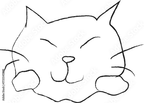 Whimsical hand drawn sketch of a happy cat with closed eyes and paws