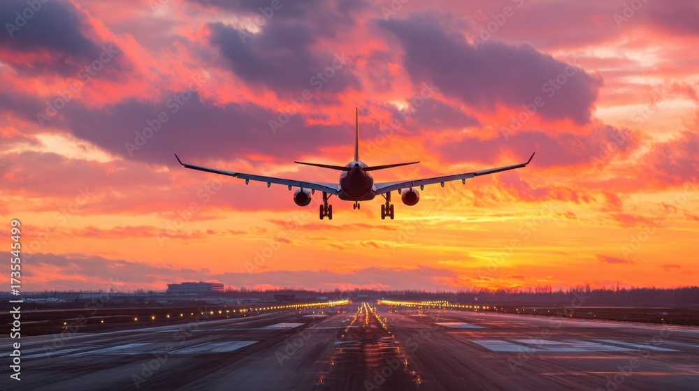 Naklejka premium An airplane approaches to land on a runway as the sun sets painting the sky with warm colors. The scene captures the beauty of travel and transition at dusk.