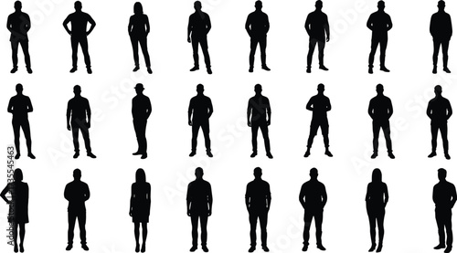 Collection of Diverse Standing Human Silhouettes, Full Body Set, Black Figures Vector Illustration, Various Poses, Adults, People in Different Outfits, Graphic Element.