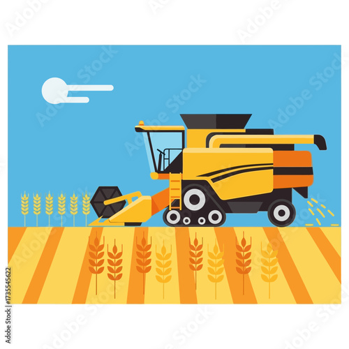 Yellow combine harvester working in a golden field under a blue sky.