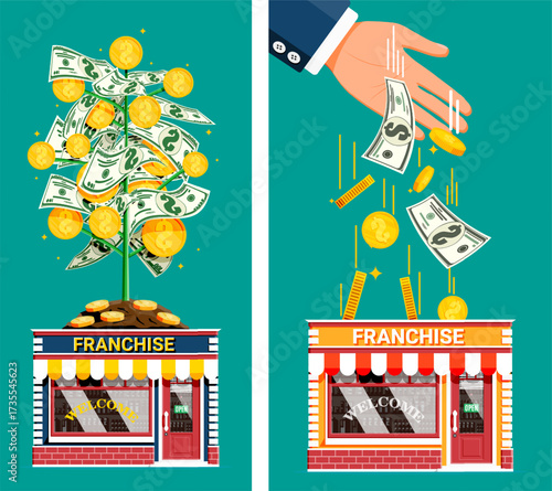 Business owner investing in franchise opportunity. Financial growth concept represented by money tree and falling cash into store.