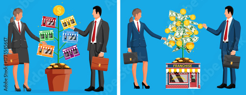 Woman and man choosing franchise business type plan. Businessmen picking up franchise shop from money tree. Buying and investing in franchise concept.