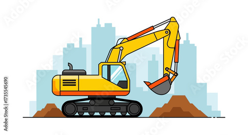 Yellow excavator digging dirt with city buildings in background.