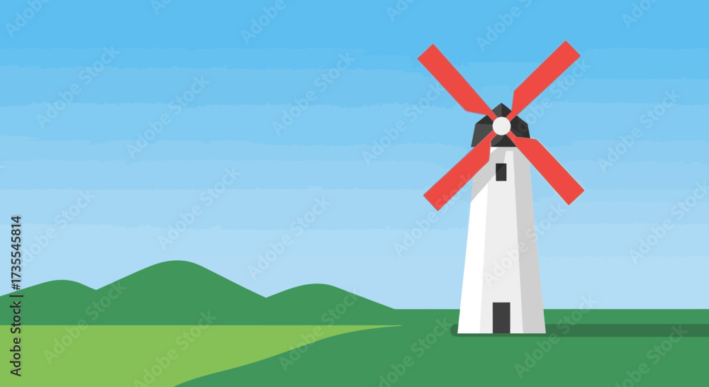 Fototapeta premium A stylized windmill stands in a green field under a blue sky.