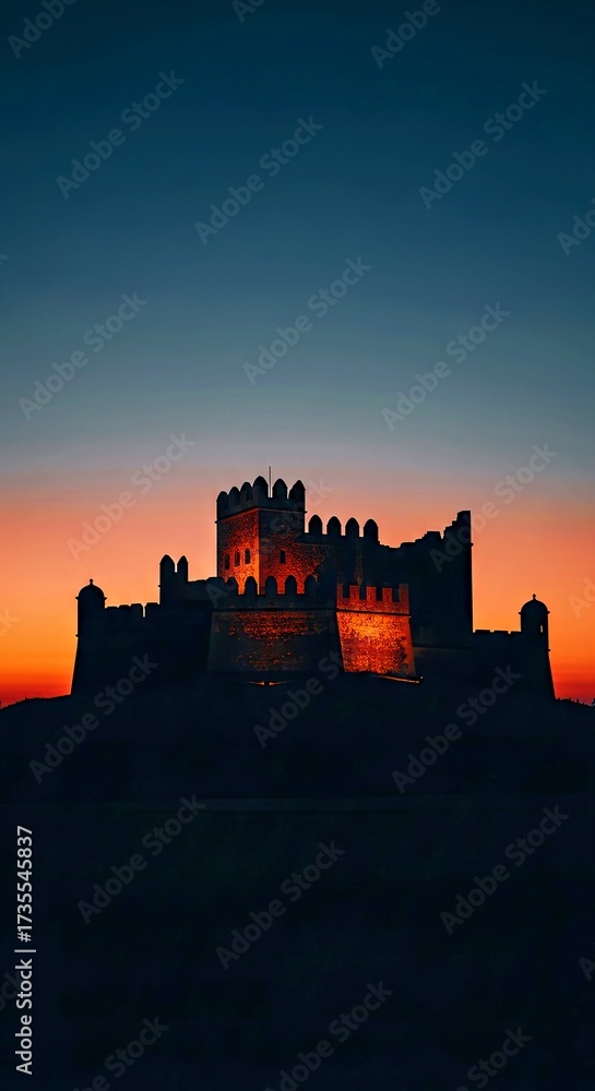 Obraz premium Haunting Fortress at Dusk: Moody Cinematic Lighting, Eerie Silhouette, Twilight Sky ??