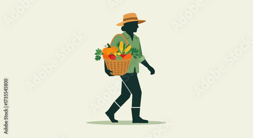 Farmer carrying basket of fresh produce walking across a field.