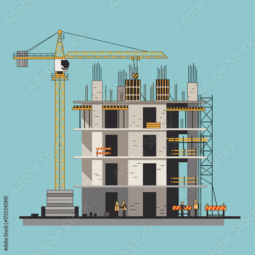 Building under construction with crane and workers.