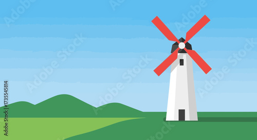 A stylized windmill stands in a green field under a blue sky.