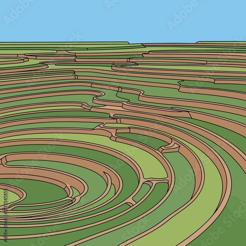 Abstract circular patterns of green and brown fields under a blue sky.