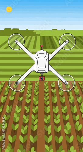 Drone spraying crops in a green agricultural field under the sun.