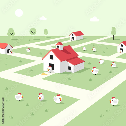 Cartoon houses on a grid with small figures scattered around.