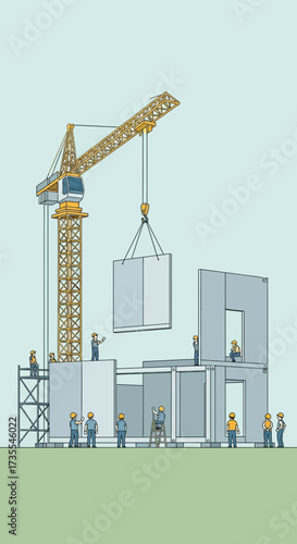Crane lifting building component at construction site with workers.