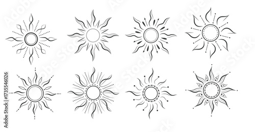 Set of decorative sunburst designs in black and white