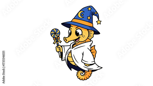 Magical Seahorse: An enchanting seahorse, clad in a wizard's hat and robes, playfully brandishes a lollipop wand in a whimsical fantasy scene.