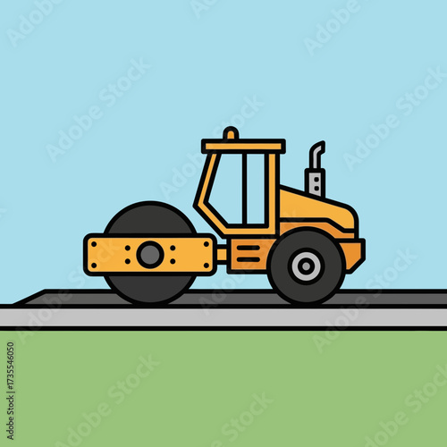 Yellow road roller compacting asphalt on a construction site.