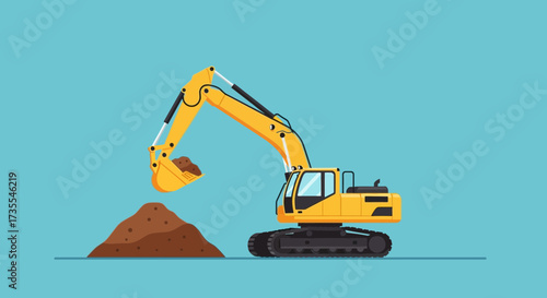 Yellow excavator digging dirt against blue background.