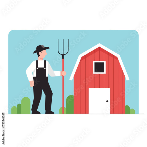 Farmer with pitchfork stands by red barn and green bushes.