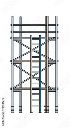 Metal scaffolding structure with a blue and yellow ladder.