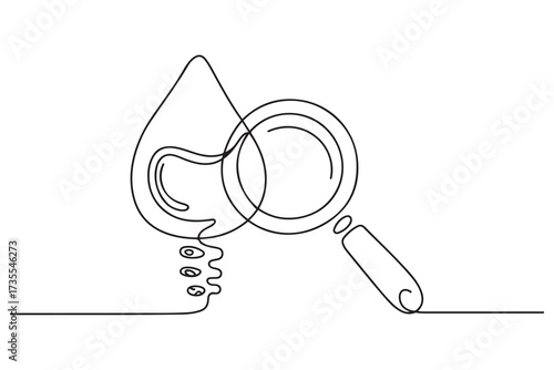 Blood glucose with magnifying glass continuous one line drawing. Vector illustration. one line Icon drawing with white background