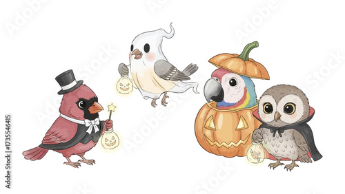 Whimsical Halloween Birds: A charming gathering of dressed-up birds, each with a unique costume and lantern, celebrates the spirit of Halloween in an enchanting illustration.