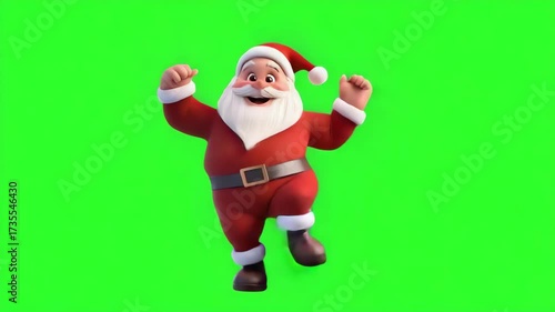 Cheerful, animated Santa Claus joyfully dances on green background
