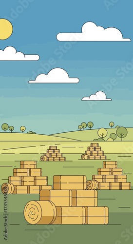 Hay bales stacked in a field under a sunny sky.