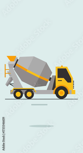 Yellow concrete mixer truck on a light blue background.