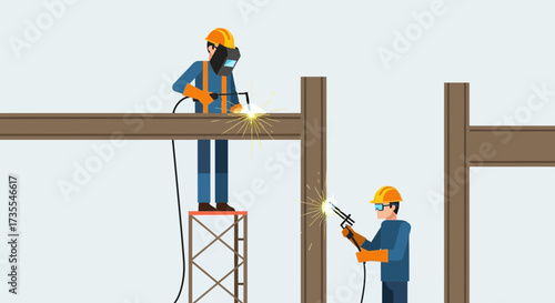 Workers weld steel beams on a construction site.