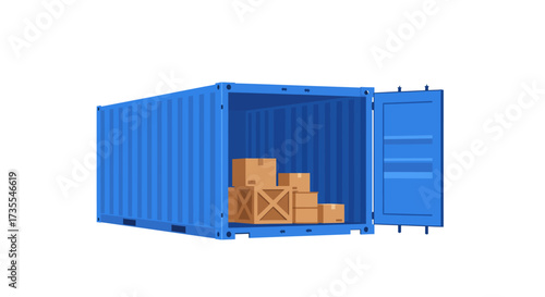 A blue shipping container with open door filled with brown packages