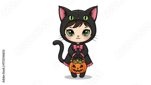 Halloween Costume: A charming illustration showcases a youthful person adorned in a playful cat costume, holding a carved pumpkin basket brimming with Halloween treats, standing playfully.