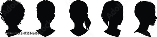 Diverse Human Head Silhouette Collection Vector Illustration, Variety of People's Hairstyles, Side and Back Views, Anonymous Profile Set, Graphic Design Element.