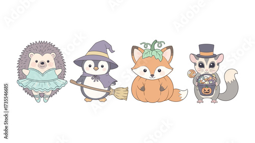 Halloween Animals in Costumes: A charming collection of adorable animals, each dressed in a unique Halloween costume, embodying the whimsical spirit of the holiday.