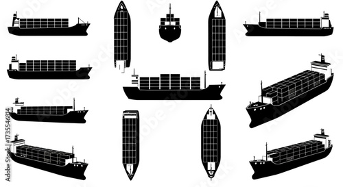 A collection of cargo ship illustrations shown from various angles