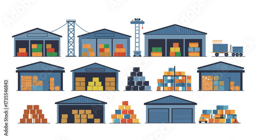 A collection of warehouse buildings with boxes and containers