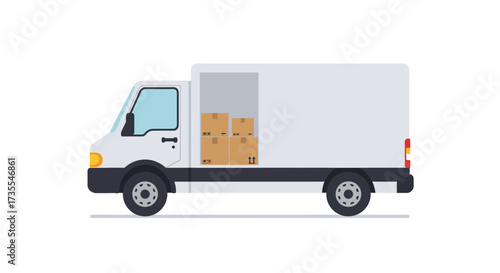 A delivery truck with cardboard boxes inside painted white is seen from the side in this illustration