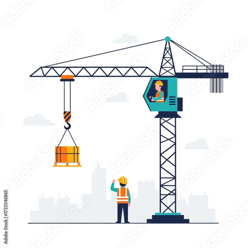 Construction crane lifting a load with worker below.