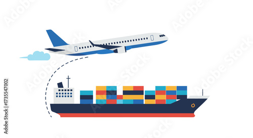 A plane flies above a container ship loaded with colorful cargo boxes
